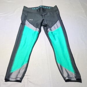 Under Armour Womens Black and Green Athletic Leggings Compression Heatgear Sz M